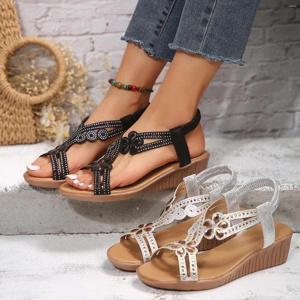 Sandales Femmes habillées Summer Open Toe coin Elastic Beach Thongs Sorties de chaussures STRAPE 2024