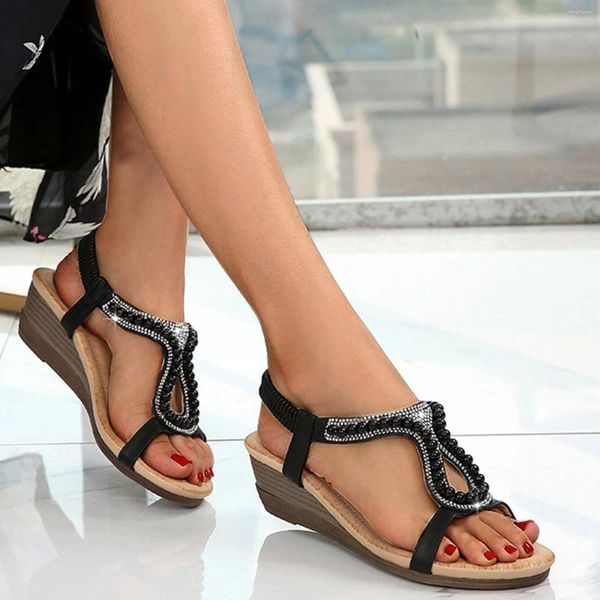 Sandalias Mujer elegantes cuñas de verano con cuentas de diamantes joyería zapatos bohemios Sandalias Mujer elegante Sexy señoras