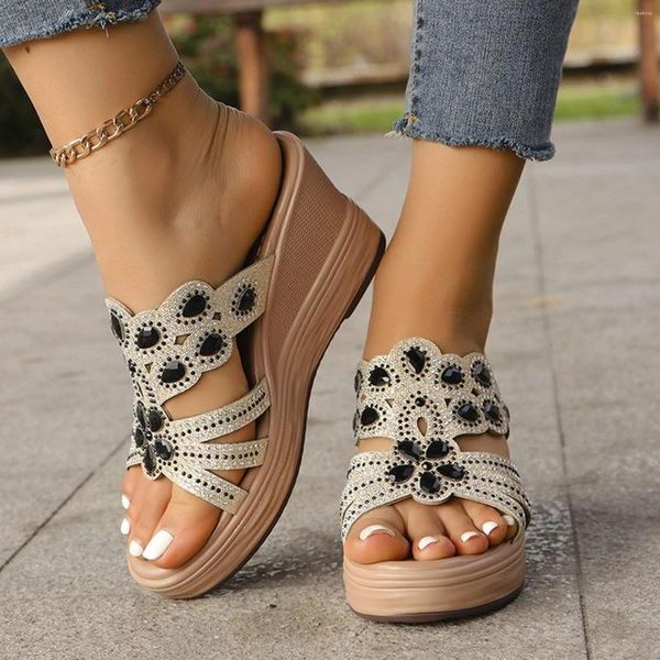 Sandalias Mujer Elegante Cuña Tacón Alto Correa De Cristal Zapatos De Diamantes Rhinestone Zapatillas De Fondo Grueso Zapatillas