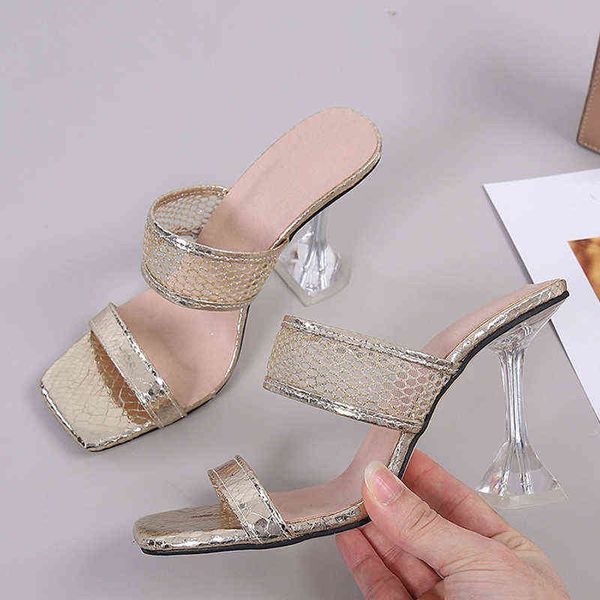 Sandales femmes élégant bout carré Transparent talons hauts maille pantoufles été or pompes mode fête chaussures 220303