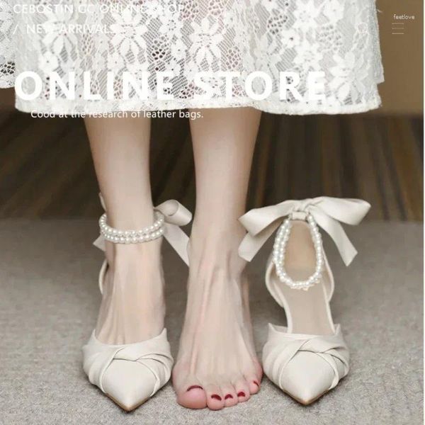 Sandalias de mujer elegantes, tacones altos blancos, plataforma gruesa de verano, correas de tobillo con perlas, zapatos de tacón con lazo de encaje para mujer, zapatos de fiesta de lujo