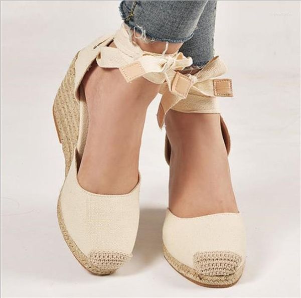 Sandales femmes Espadrille bride à la cheville pantoufles dames femmes décontracté chaussures compensées souffle lin toile pompes plate-forme