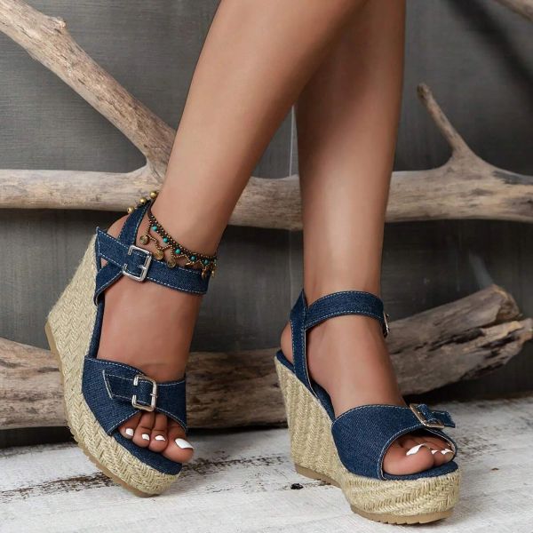 Sandales livraison gratuite Femmes Espadrille coin sandales denim plate-forme bleue épaisses chaussures talonnées talons hauts pour filles courtes rétro