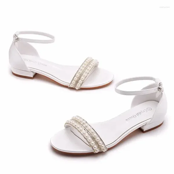 Sandalias Mujer Moda Sandalias Cadena Cuentas Seda 2 CM Tacones planos Hebilla Correa Perla Zapatos de mujer Casual Blanco Moderno