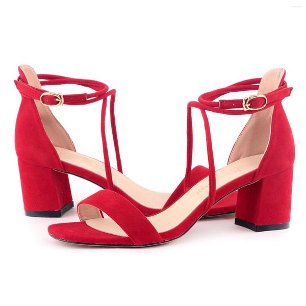 Sandalias Mujer Moda Sexy 5 cm Tacones bajos Terciopelo Raya Tobillo Correa Oficina Bombas Gruesas Zapatos de boda rojos altos