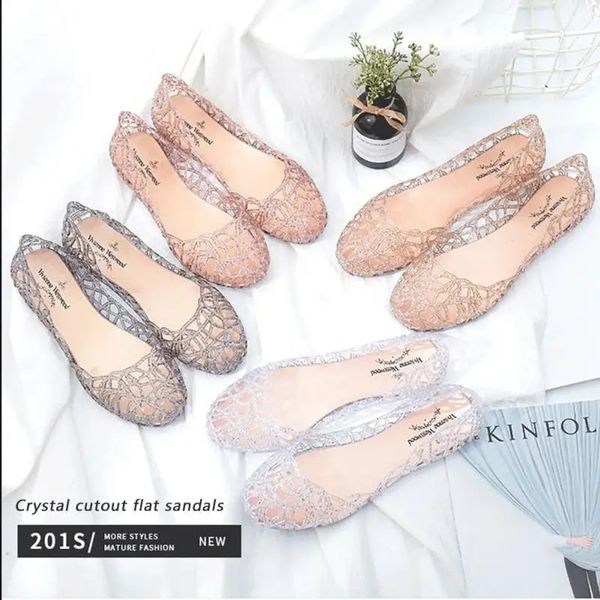 Sandalias para mujer, zapatos planos, sandalias de nido de gelatina de cristal de verano, zapatos transpirables huecos, zapatos femeninos dulces con punta redonda a la moda 231204