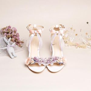 Sandales femmes chaussures de mariage floral dentelle nœud papillon pompes 7cm bloc talons hauts mariée dames bride à la cheville grande taille 43