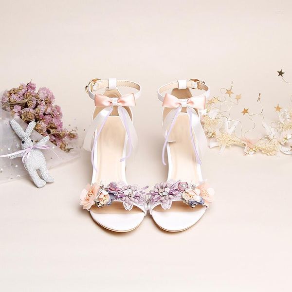 Sandalias Mujer Floral Zapatos de boda Encaje Pajarita Bombas 7 cm Bloque Tacones altos Novia Señoras Tobillo Correa Tallas grandes 43