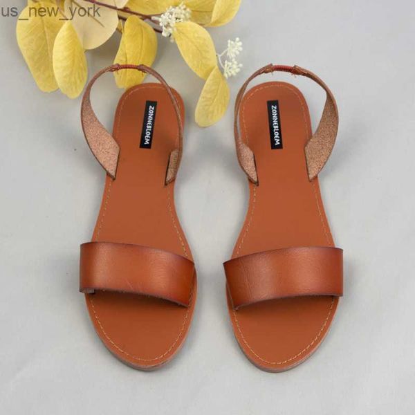 Sandalias de mujer para verano 2023, zapatos de playa, zapatos de cuero de alta calidad para mujer, estilo plano, correa trasera, calzado de marca para mujer, calzado poco profundo L230518