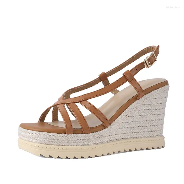 Sandales femmes en cuir véritable Espadrilles décontracté femme bride à la cheville plates-formes marron abricot été dames bout carré boucle