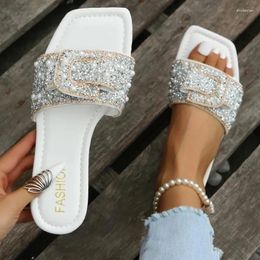 Sandales femmes verre strass fausse perle décor plat Sexy glamour élégant mode fête diapositives été bureau dames chaussures