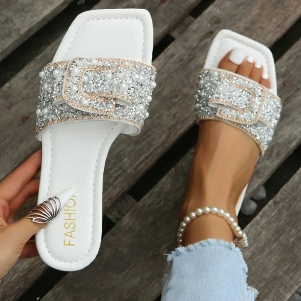 Sandales Femmes Glass Rhingestone Faux Pearl Decor Sandales plates Sexy Sexy Glamous Glamour Elegant Fashion Fête de Fashion Tlides Summer Office Ladies Nouvelles chaussures