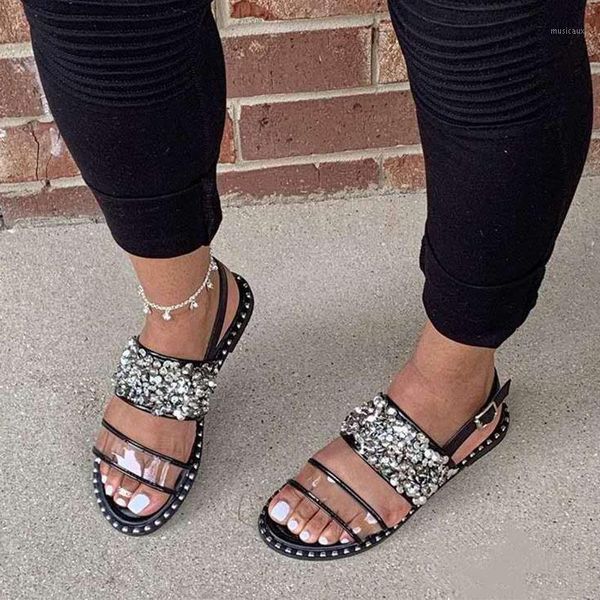 Sandales Femmes Glitter Appartements Chaussures Été Casual Boucle Sangle Transparent PU Rome Dames Cristal Femme Plage Femlae Bling 20201