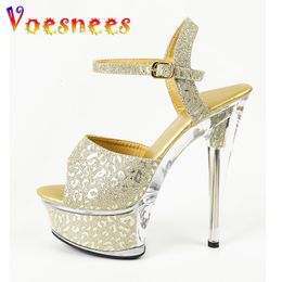 Sandales Femmes Golden Emboss Talons Hauts Bride À La Cheville Sandales Gladiateur 15CM Stiletto Chaussures De Soirée Fond Épais Scène Effectuer Des Pompes 230719