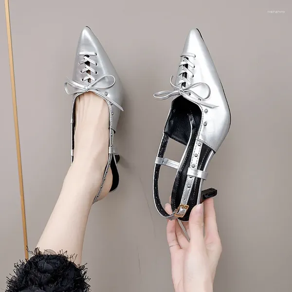 Sandales à talons hauts pour femmes, chaussures habillées à lacets avec nœud, pantoufles d'été, Mules de styliste, escarpins Zapatillas, 2024