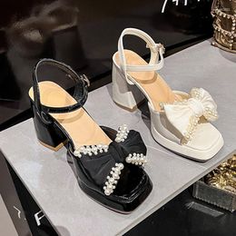 Sandalias de mujer, zapatos de tacón alto, lazo, verano, grueso, 2023, zapatos de tacón a la moda, vestido de diseñador, zapatillas de fiesta, chanclas para mujer