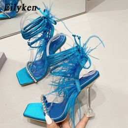 Sandals Women Lace-Up Fashion Summer Feather 462 Eilyken Cross-Tied Sexy Gladiator Square Toe Ladies High Heel Shoes 230807 869