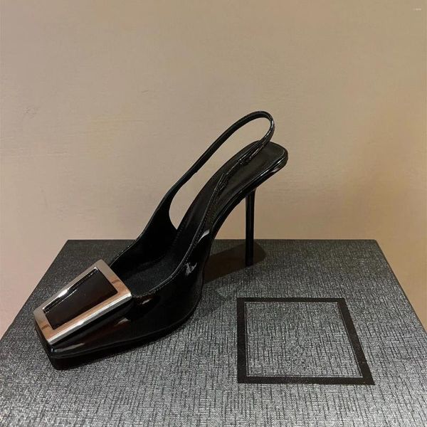 Sandals Femme Lady 2024 Zapatos Mujer Poined Toe High Heels Chaussures Metal Black Patent Leather Slingback Pumps Luxury Designers