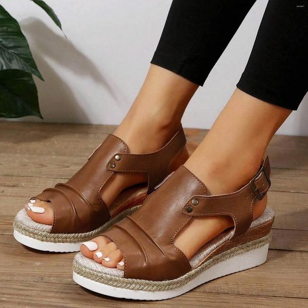 Sandalias Mujer Punta Abierta Slingback Vacaciones Zapatos Bohemios Tacón Grueso Ahueca Hacia Fuera Cuña Verano De Mujer 2024