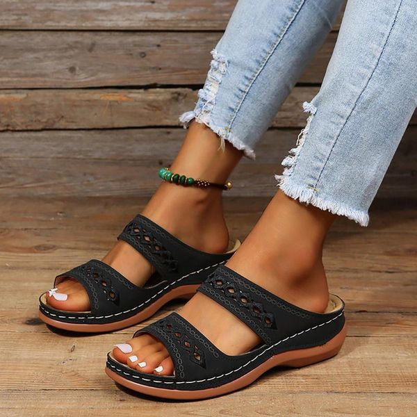 Sandalias de mujer, zapatillas ortopédicas, zapatillas de verano con punta abierta, zapatos de plataforma femeninos de tacón bajo Vintage, Corrector de esponja para caminar