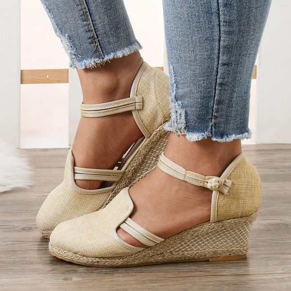 Sandalias Mujer Plataforma Cuña Lino Versátil Trenzado Hebilla Para Zapatos Vestido Sandalias