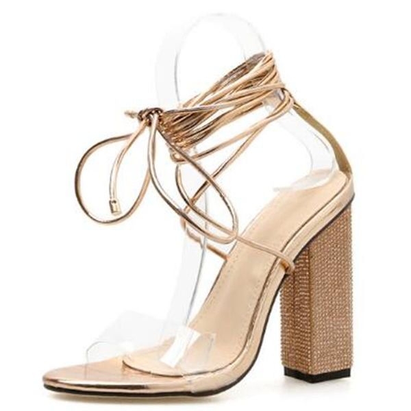 Sandalias de mujer PU tela con lentejuelas con cordones 11,5 cm tacón cuadrado tacones altos Peep Toe diamantes de imitación correa delantera trasera Beige poco profundo