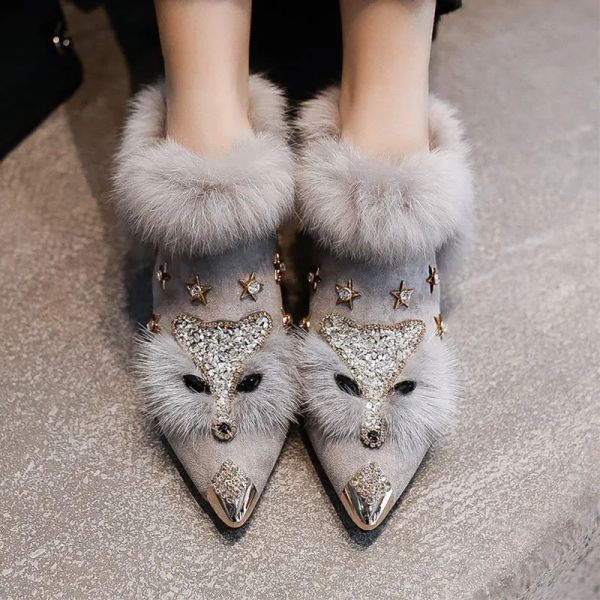 Sandales femmes lapin fourrure bottes de neige automne d'hiver fashion dames métal métal pointues chaussures femelles en peluche talon épais bottines talons hauts