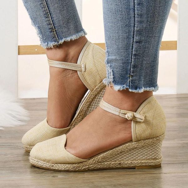 Sandalias Mujer Retro Lino Trenzado Hebilla Zapatos Plataforma Cuña Verano Transpirable Cabeza Redonda Tacón Para