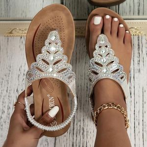 Sandalias Mujer Rhinestone Decoración Slingback Cuñas Elástico Tobillo Correa Casual Bohemio Playa Zapatos Tanga