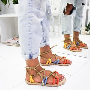 Sandales femmes 2023 été Style corde tressée couleur unie plat extérieur bout ouvert chaussures décontractées confortables