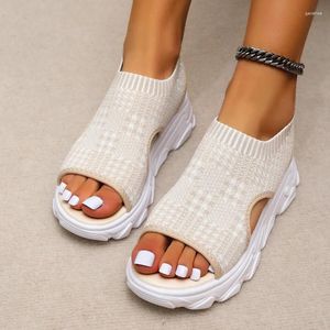 Sandales d'été à talons compensés pour femmes, baskets en tissu élastique, couverture de pied, semelles épaisses, mode décontractée, 2024