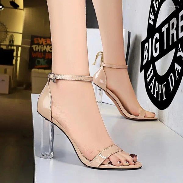 Sandalias Mujer Moda Verano Sexy Zapatos De Tacón Alto Tacón Cuadrado Transparente Ultra-Alto Punta Abierta Cinturón De Palabras