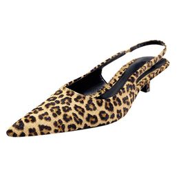 Sandales plates à talons hauts pour femmes, imprimé léopard, pointues, J240122