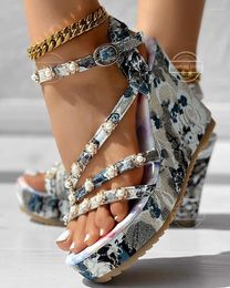 Sandalias Mujer Floral Perlas Decoración Plataforma Tobillo Correa Cuña Hebilla Tacones Altos Zapatos Mujer