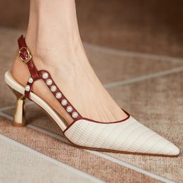 Sandales femmes en cuir véritable Slingback pompes à enfiler bout pointu perles décoration été talons hauts OL Style chaussures élégantes