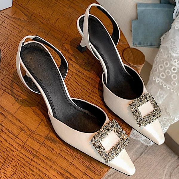 Sandalias Mujer Cuero Genuino Tacón Alto Fino Punta Puntiaguda Slingback Slip-on Hebilla De Cristal Zapatos De Vestido De Noche Elegantes Para Mujer