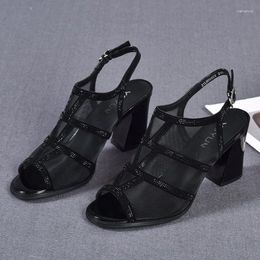 Sandalias Mujer Tacón alto 2024 Elegante Rhinestone Open Toe Air Mesh Verano Tacones gruesos Zapatos de mujer