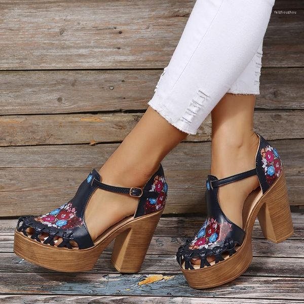 Sandalias de tacón alto para mujer, moda de verano, hebilla Floral, plataforma gruesa para mujer, vestido de fiesta, zapatos de tacón alto para sexo