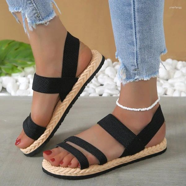 Sandalias Mujer Open Toe 2024 Verano Tallas grandes Zapatos femeninos Plano Causal para mujeres Tobillo Wrap Ladies Roma