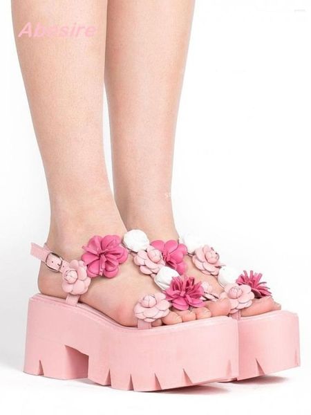Sandales Femmes Roses Fleurs Floral T-Sangles Slingback Plateformes Chaussures Fantaisie Talons Chunky Fête Luxe Sexy