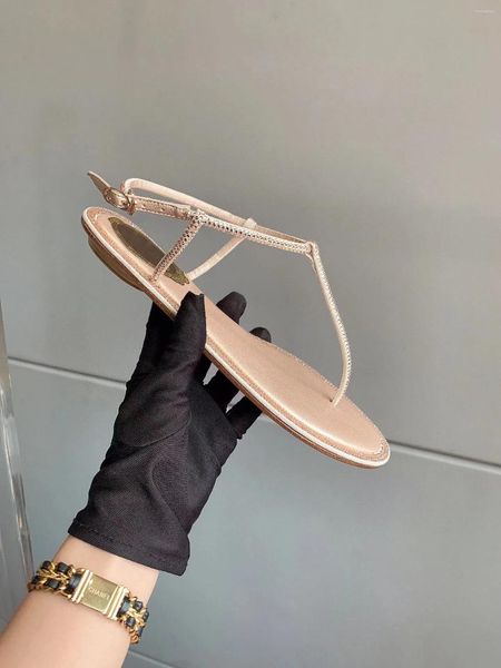Sandálias femininas sapatos moda pin-toe fundo plano strass