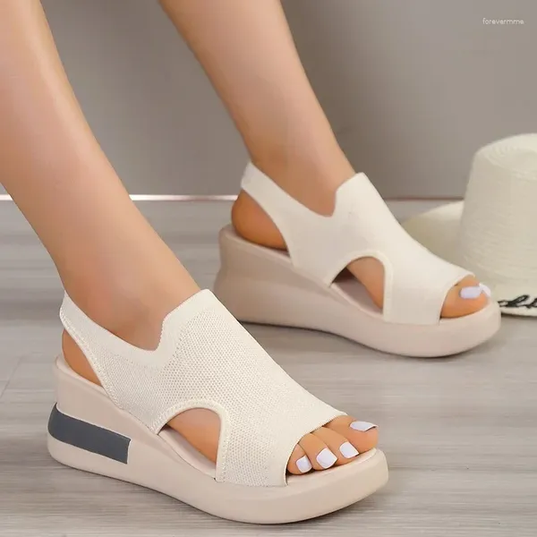 Sandales Chaussures Pour Femmes En Vente 2024 Peep Toe Été Coin Poisson Bouche Décontracté Tissu Élastique
