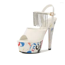 Sandales Chaussures Femme Peint Lumineux Cuir Verni Strass Gland Stiletto Série 8661 Talon 15cm Plateforme 5cm LFD