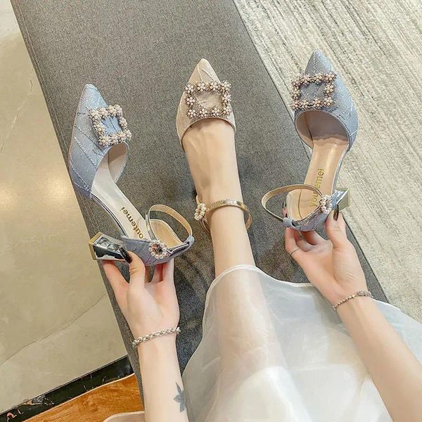 Sandales Chaussures Pour Femmes Strass Été 2024 Talons Hauts Pour Femme Bout Pointu Chaussures À Talons Carrés Fête Mariages Diamant H F