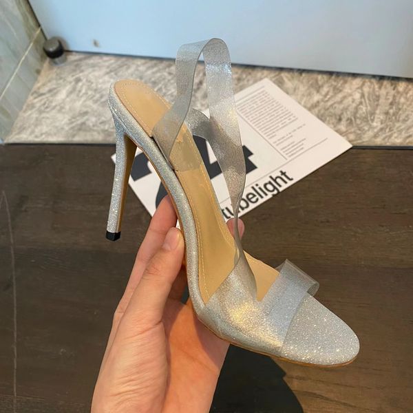 Sandalias para mujer Plata Tacón alto Punta abierta Zapatos de vestir en punta Curva sexy Diseñador clásico Fábrica 11.5 CM Tacón delgado Correa de tobillo de verano 35-42 con caja