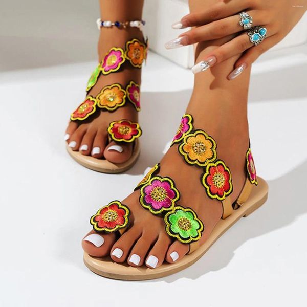 Sandalias zapatillas de zapatilla de verano estilo étnico de flores coloridos zapatos planos de flores para mujeres de gran tamaño en oferta
