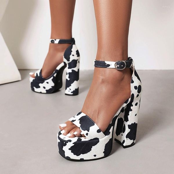 Sandales à talons ultra hauts et épais pour femmes, motif de vache, bout ouvert, plateforme imperméable, matériau mat, été