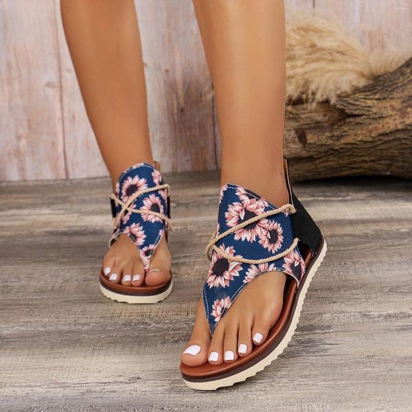 Sandalias Mujer Cremallera Moda Crisantemo Impresión Plana Cómoda Mujer Estilo Japonés Caminar Chanclas Diapositivas