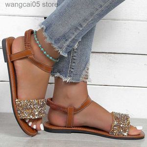 Sandalias Mujer Sandalia Glamorous Rhinestone Decoración Sandalias 2023 Nueva Moda Correa de tobillo Verano Zapatillas al aire libre Casual Mujer Zapatos femeninos T230619