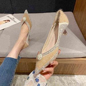 Sandalen Vrouwen Schoenen Mode Splicing Puntige Hoge Hakken Luxe Steentjes Wiggen Beaded Ondiepe Mond Lage Gehakken Pumps 220304